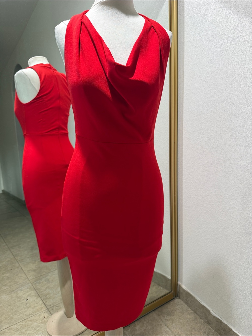 Halston Heritage Red Cowl Neck Midi Sheath Dress
